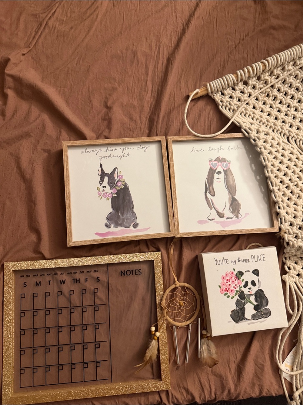 Framed Dog & Panda Wall Art Set in Natural Wood Frames